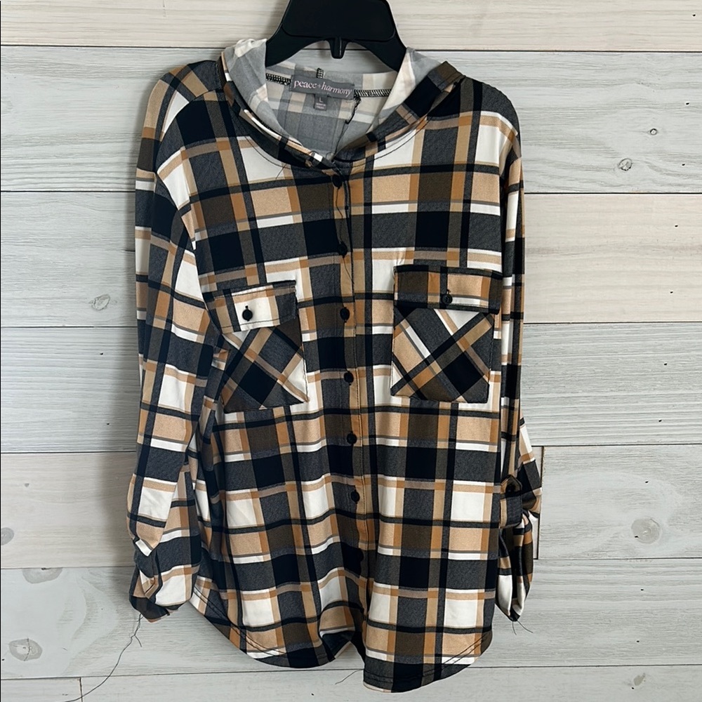 Plaid Button-Up Shirt in Black, White, and Tan